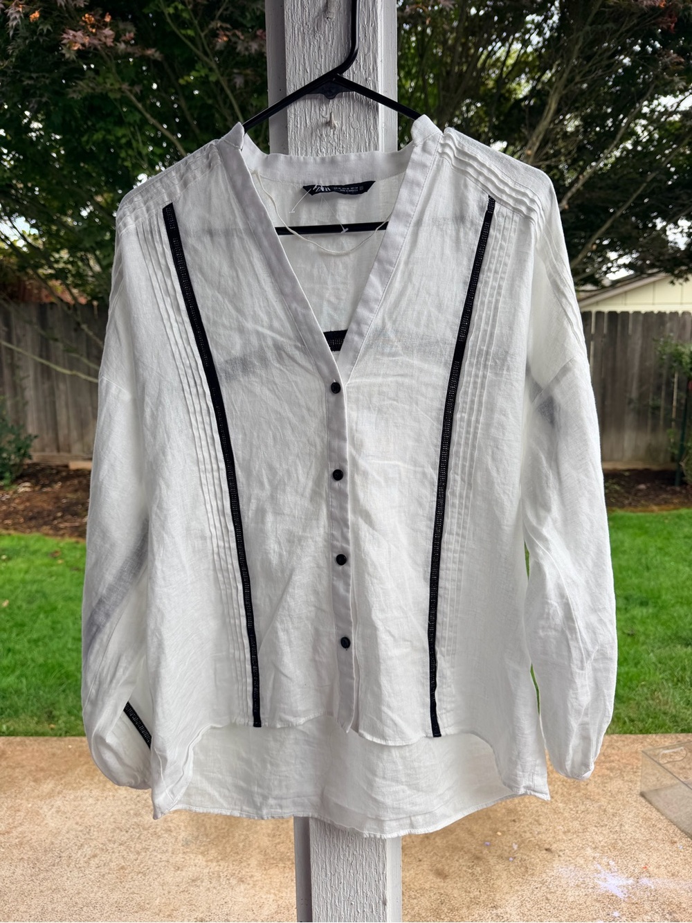 Zara White Button-Down Shirt with Black Trim